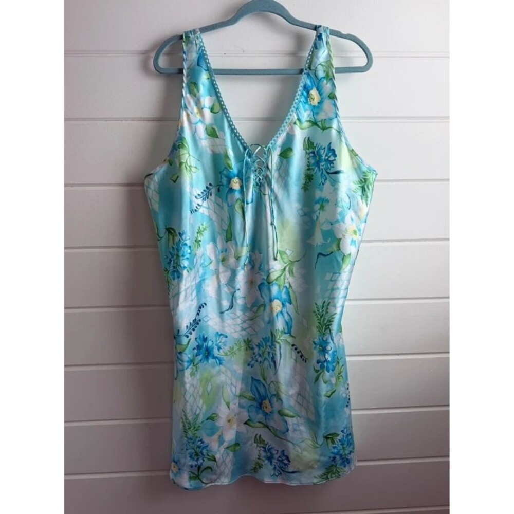 Vintage 90s Sophia by Delicates Blue Tropical Floral Satin Slip Dress 2XL